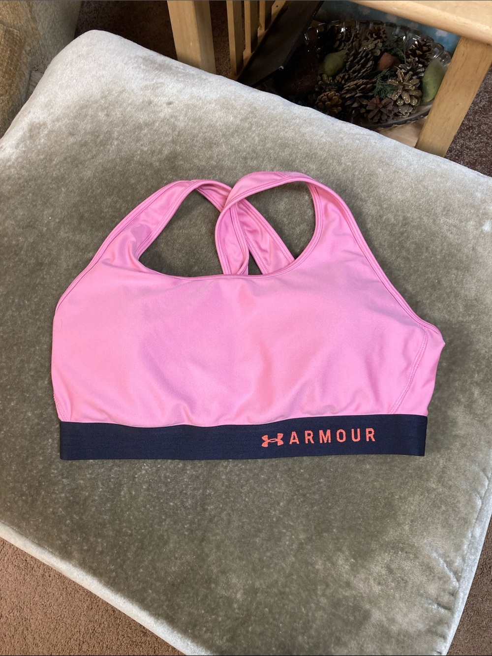 Under Armour Pink Crossback Sports Bra with Navy Band
